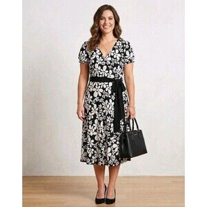 London Times Dress Size 14 NWT Black White Floral Faux Wrap Midi Short Sleeve